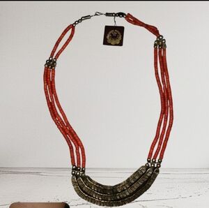 Carol For Eva Graham Coral Heshei and Gold Beaded Necklace